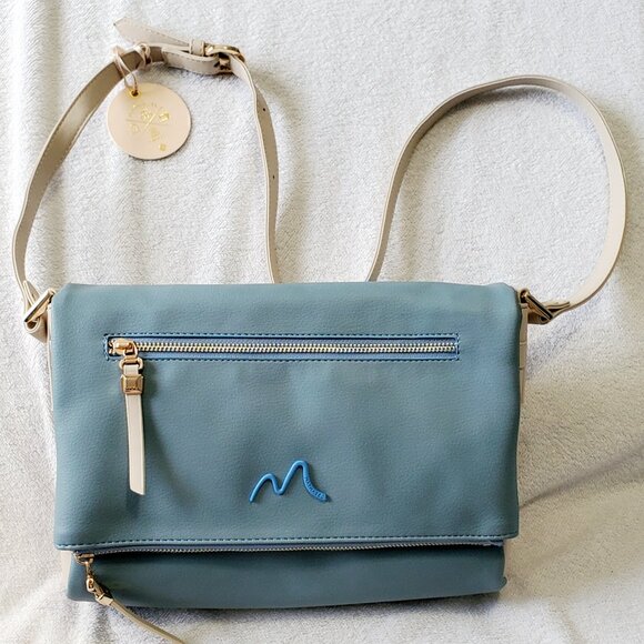 MATMAZEL "Katerina" Two Compartment- Crossbody Purse- Handbag- Blue & Cream - Picture 1 of 12